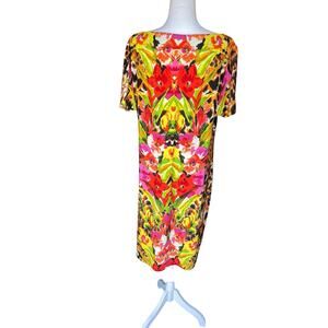 ECI New York Dress Womens 18W Orange Floral Stretch Geometric 3/4 Sleeve Shift